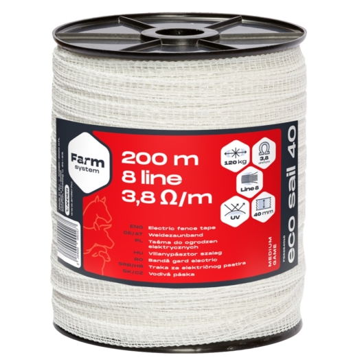 ECO SAIL 40 villanypásztor szalag, fehér, 3,8 Ω/m, 120kg, 200m, 40mm